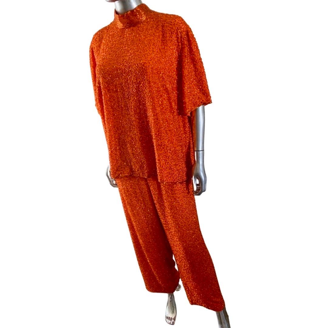Stephen Yearick Custom Made Orange Silk Bugle Bead Tunic & Pant Set Plus Size  For Sale 2