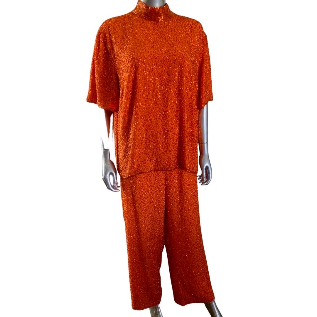 Stephen Yearick Custom Made Orange Silk Bugle Bead Tunic & Pant Set Plus Size  For Sale 3