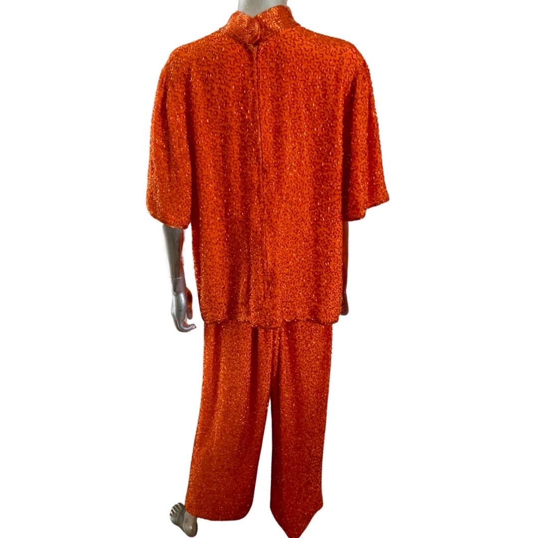 Stephen Yearick Custom Made Orange Silk Bugle Bead Tunic & Pant Set Plus Size  For Sale 4