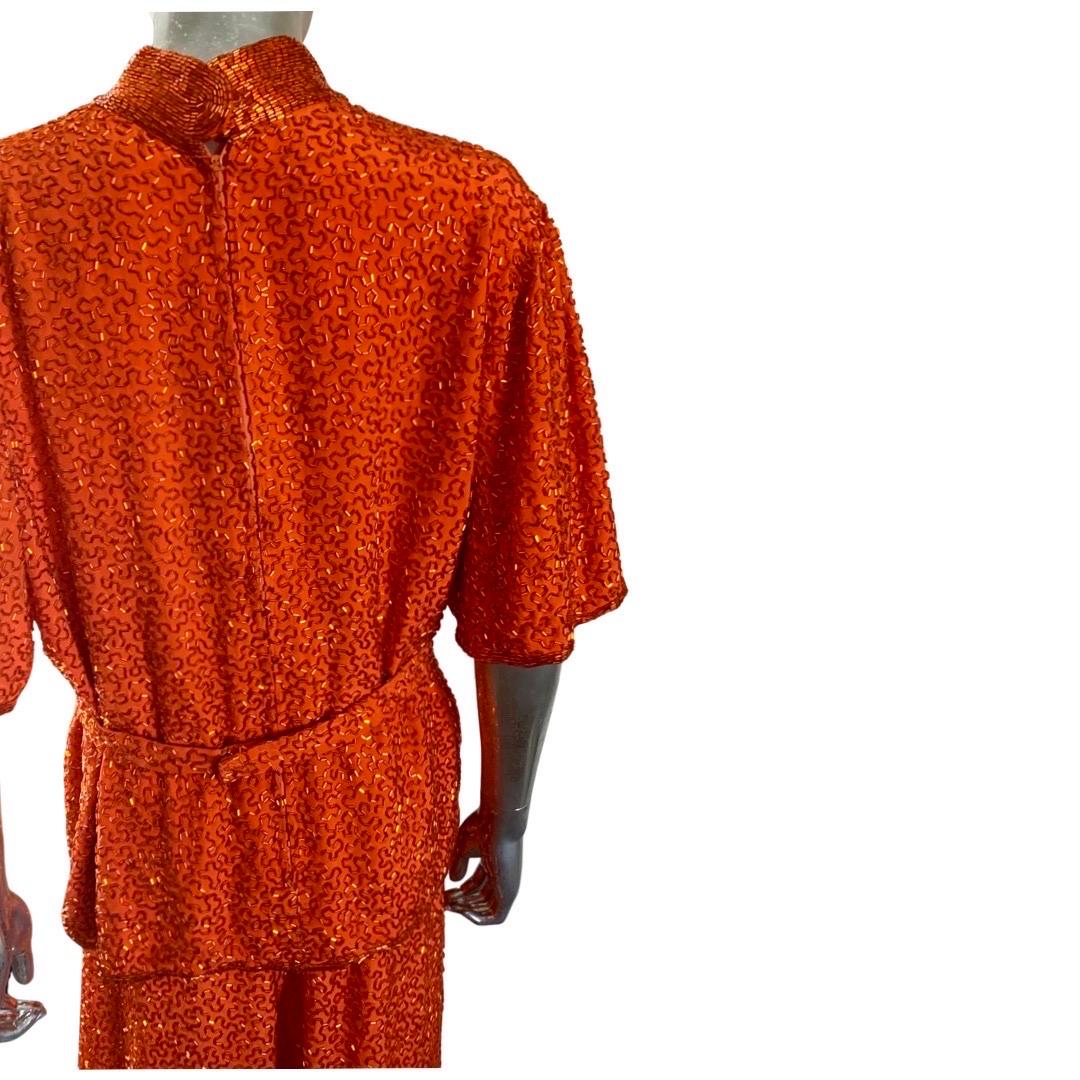 Stephen Yearick Custom Made Orange Silk Bugle Bead Tunic & Pant Set Plus Size  For Sale 5