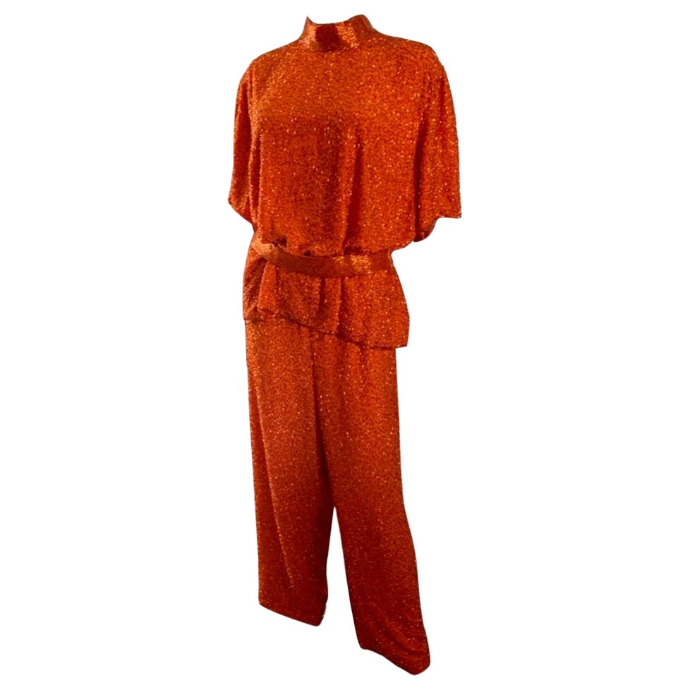 Conjunto de túnica y pantalón Stephen Yearick hecho a medida con abalorios de seda naranja y talla grande en venta 9
