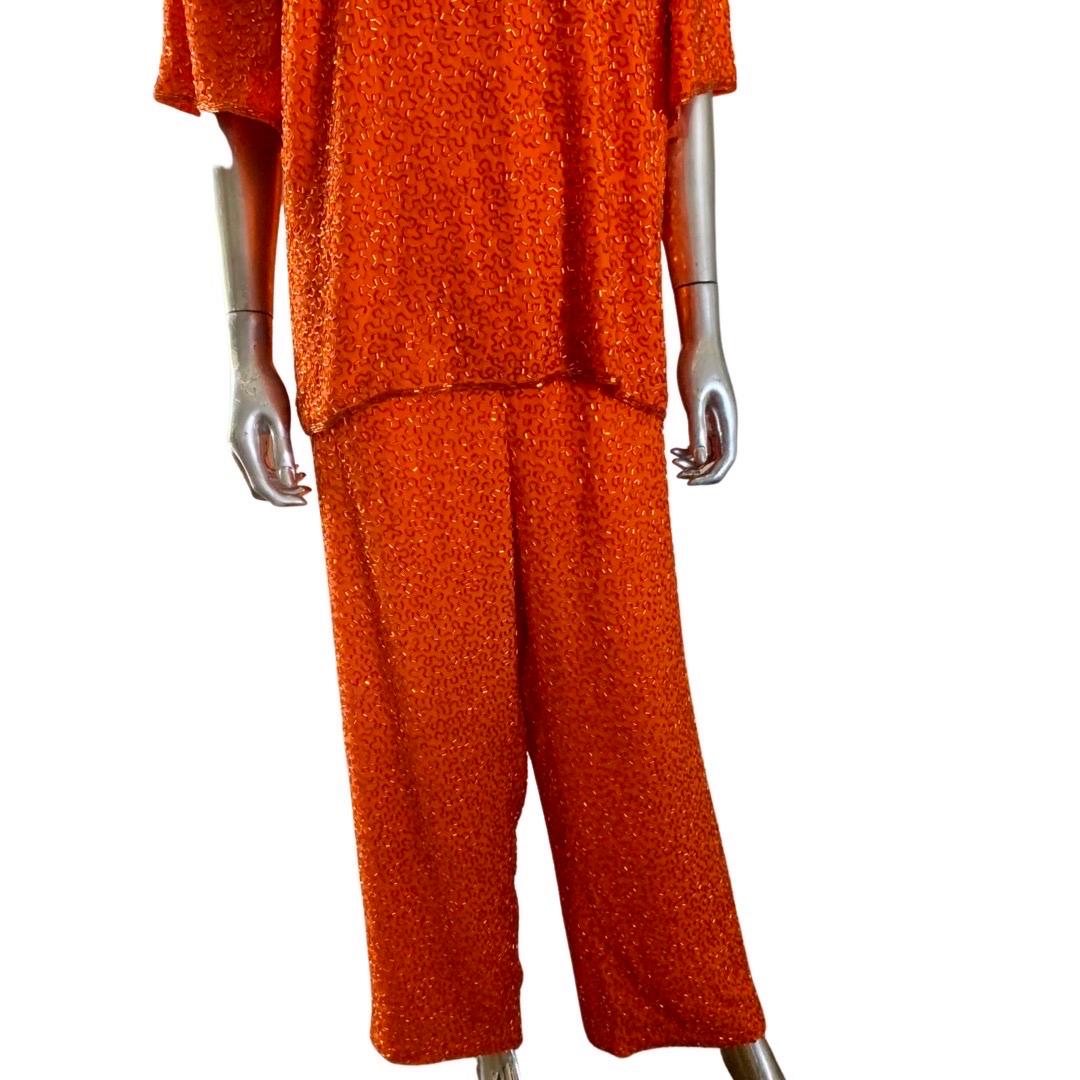 Stephen Yearick Custom Made Orange Silk Bugle Bead Tunic & Pant Set Plus Size  For Sale 8