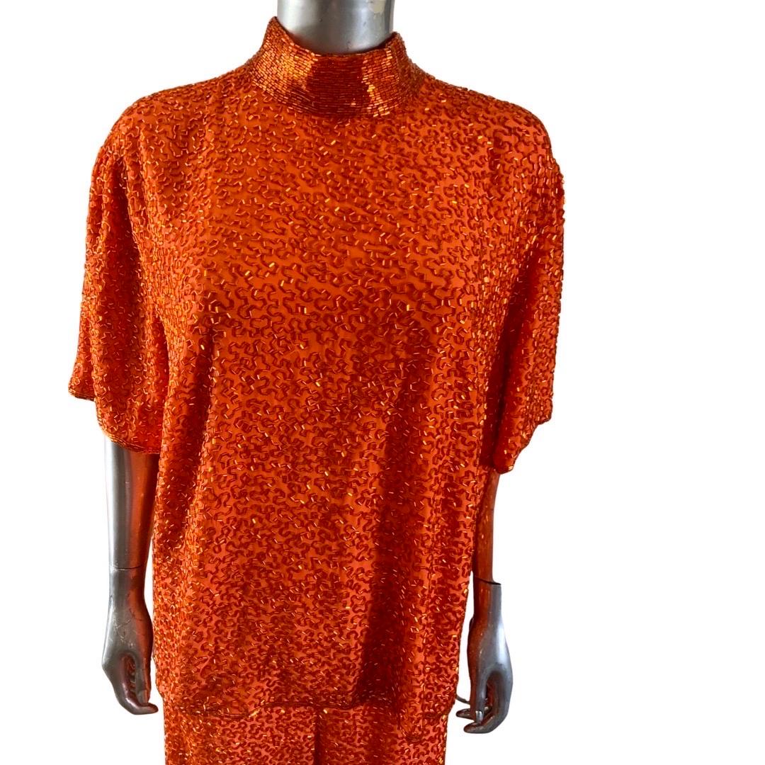 Stephen Yearick Custom Made Orange Silk Bugle Bead Tunic & Pant Set Plus Size  For Sale 9