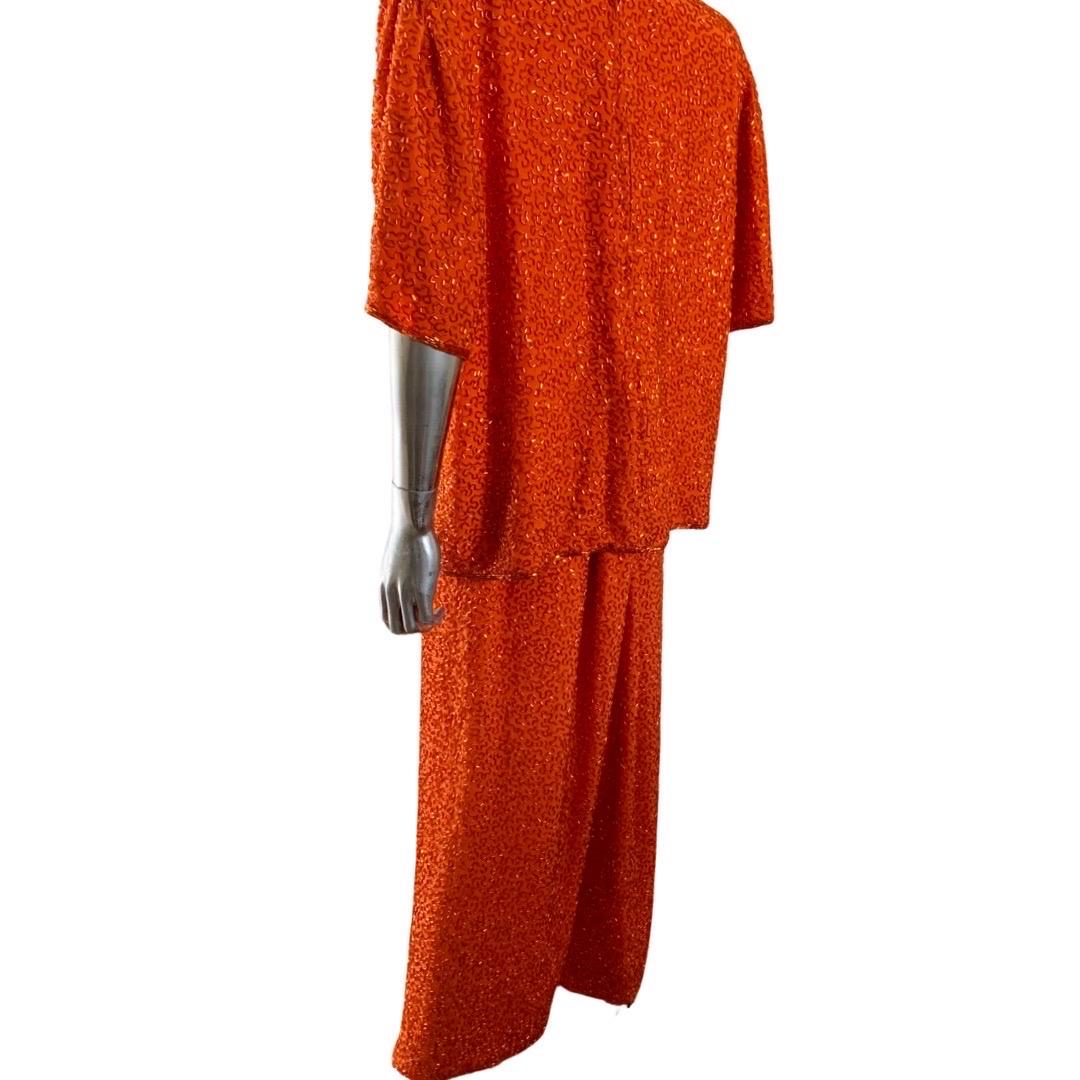 Red Stephen Yearick Custom Made Orange Silk Bugle Bead Tunic & Pant Set Plus Size  For Sale