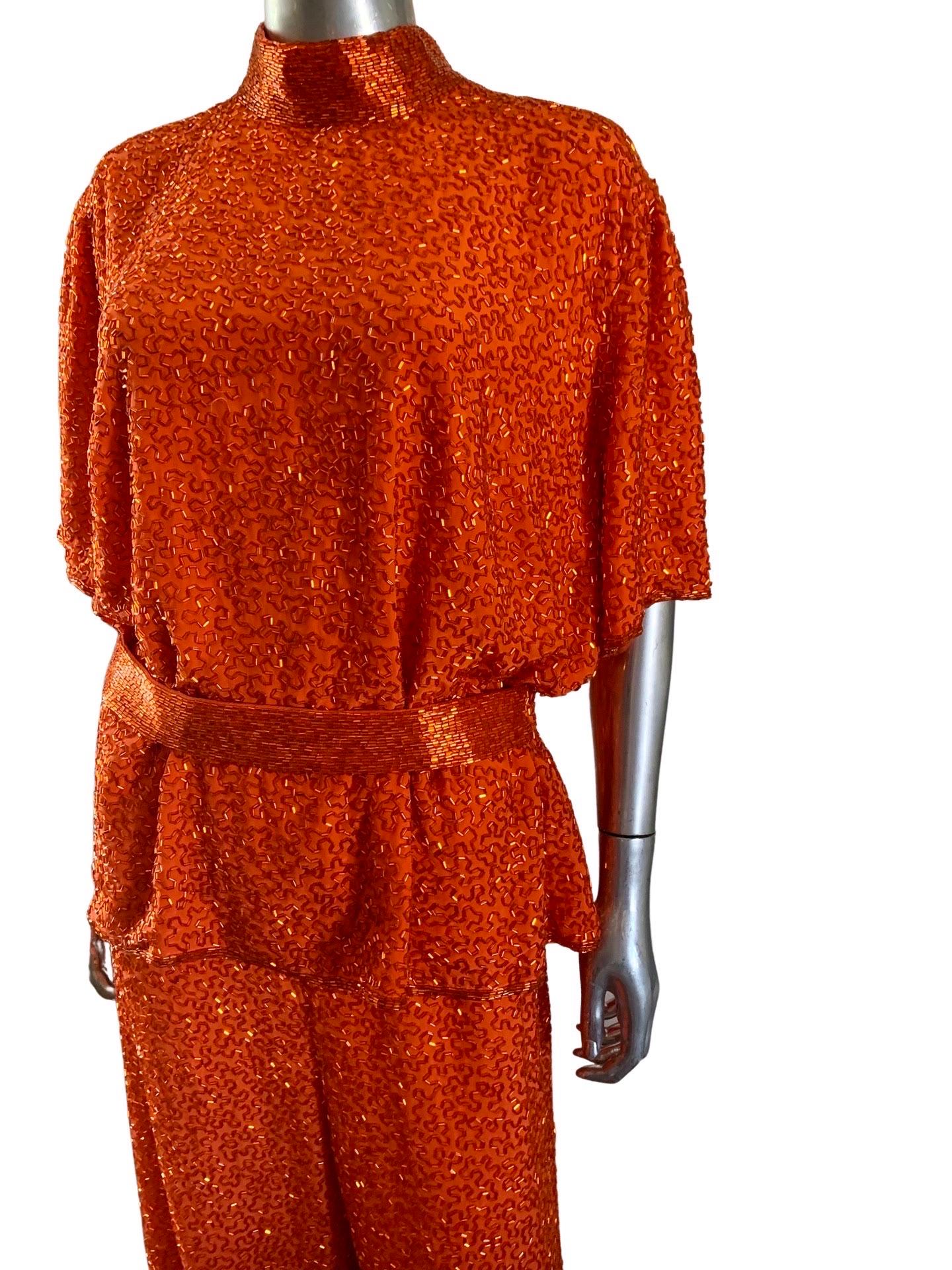 Stephen Yearick Custom Made Orange Silk Bugle Bead Tunic & Pant Set Plus Size  In Good Condition For Sale In Palm Springs, CA