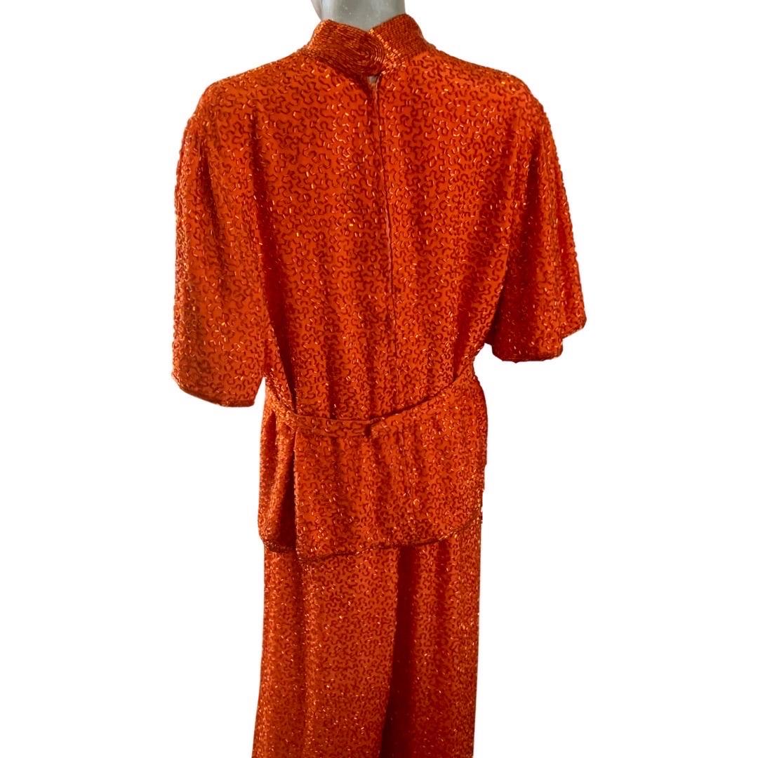 Women's Stephen Yearick Custom Made Orange Silk Bugle Bead Tunic & Pant Set Plus Size  For Sale