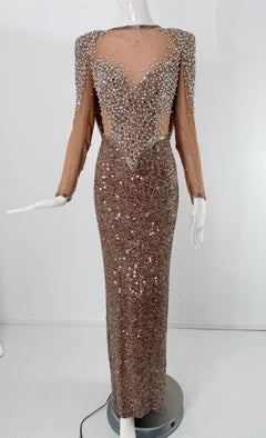 Stephen Yearick Nude Heavily Hand Beaded Silk Chiffon Drape Back Evening Gown 6