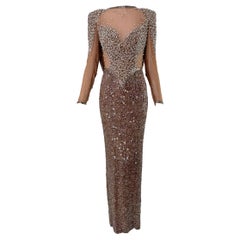 Stephen Yearick Nude Heavily Hand Beaded Silk Chiffon Drape Back Evening Gown 6