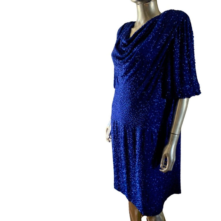 Stephen Yearick Royal Blue Bugle Beaded Draped Cocktail Dress Plus Size