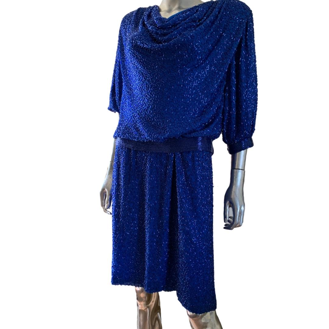 Stephen Yearick Royal Blue Bugle Beaded Draped Cocktail Dress Plus Size NWT In Good Condition In Palm Springs, CA