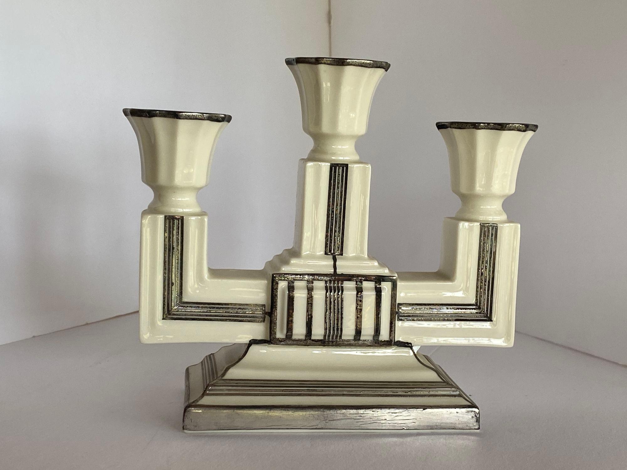 Stepped Art Deco Candelabra with Sterling Silver Overlay by Lenox In Excellent Condition For Sale In Van Nuys, CA