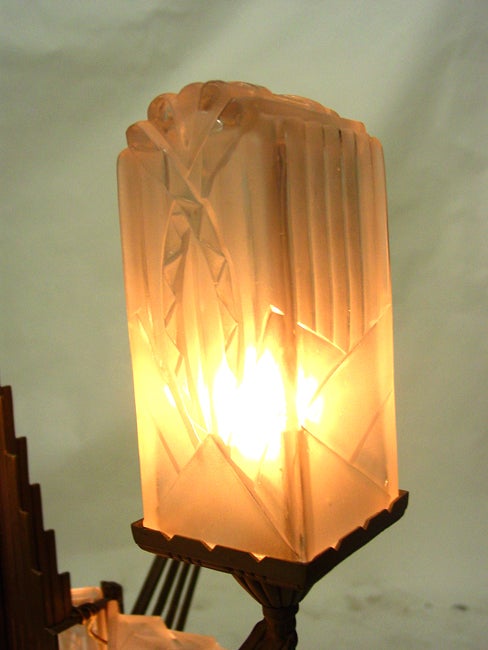 American Stepped French Art Deco Four-Arm Chandelier, Signed Hugue in Glass Shade