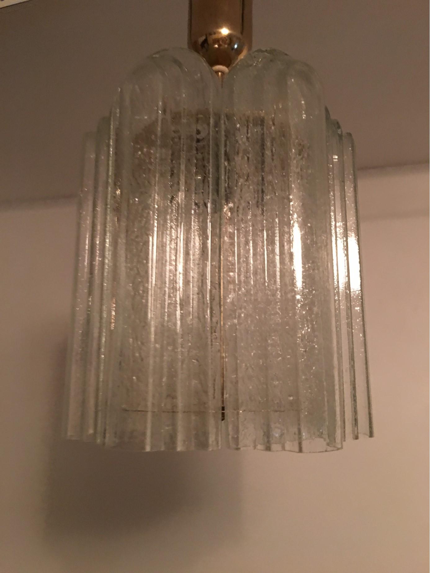 Beautiful Doria chandelier with 6 nice glass hangers from the 1960s. Manufactured by the famous Doria Deutschland Company. The fixture requires E 27 Bulb up to 60 watts. rewired for USA. Will be shipped directly from our German facility to you.