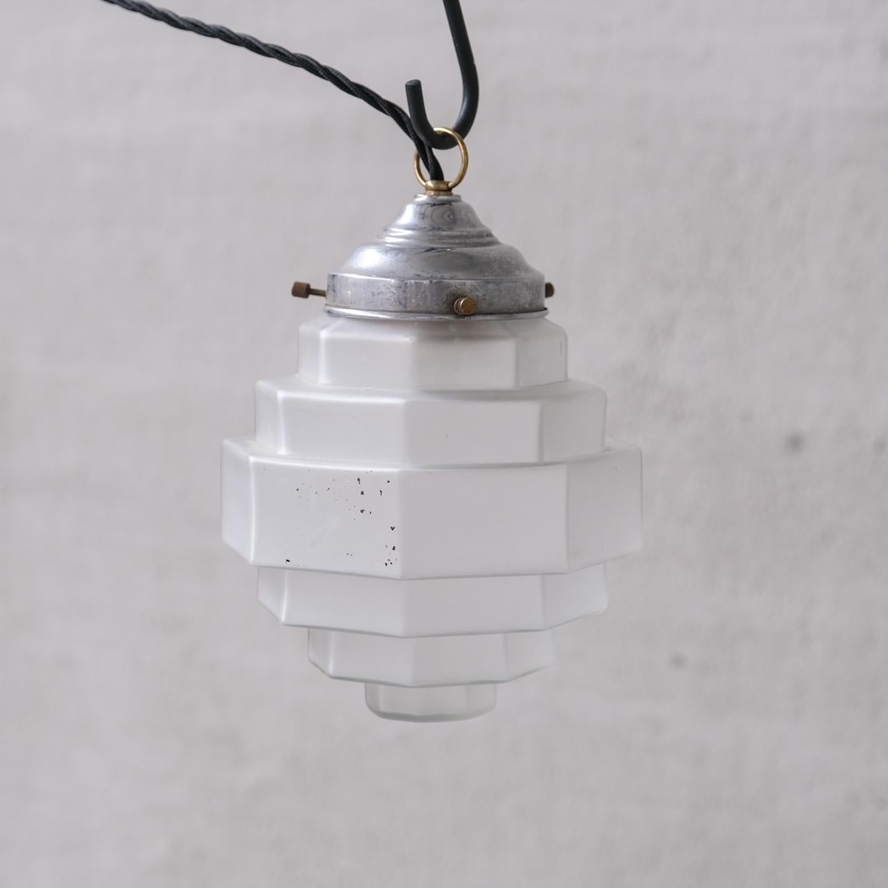 French Stepped Opaque Glass Mid-Century Pendant Light For Sale
