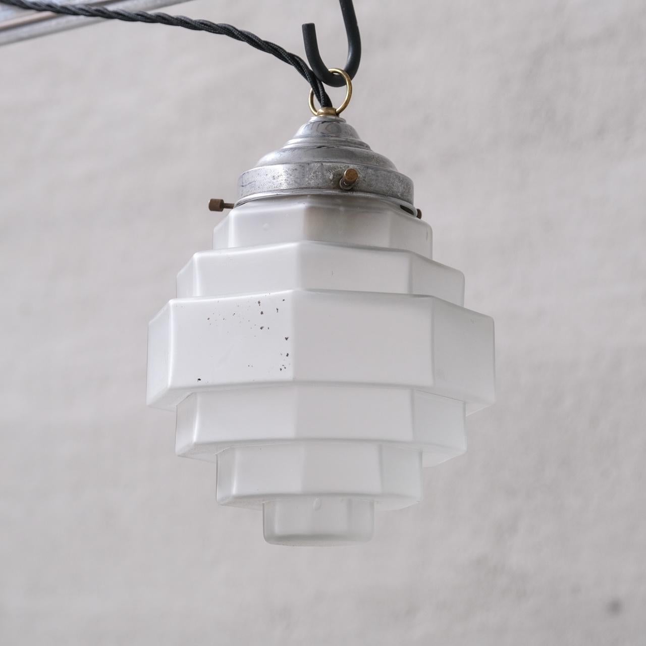 Metal Stepped Opaque Glass Mid-Century Pendant Light For Sale