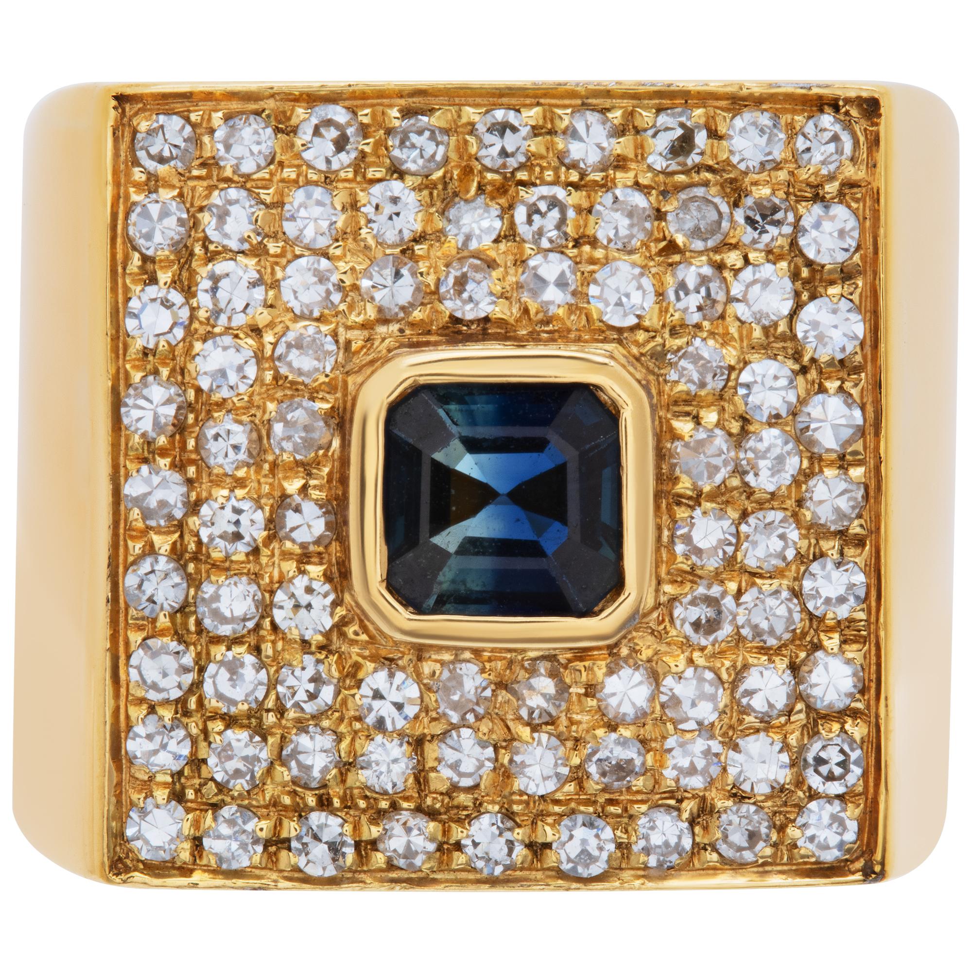 Stepped square emerald cut saphhire & diamonds ring. in 18K yellow gold. Round brilliant diamonds total approx. weight: 1.0 carat, estimate H-I color, VS-SI clarity. Center sapphire approx. weight: 1.0 carat. Square front 15 x15mm. Size 4.5This