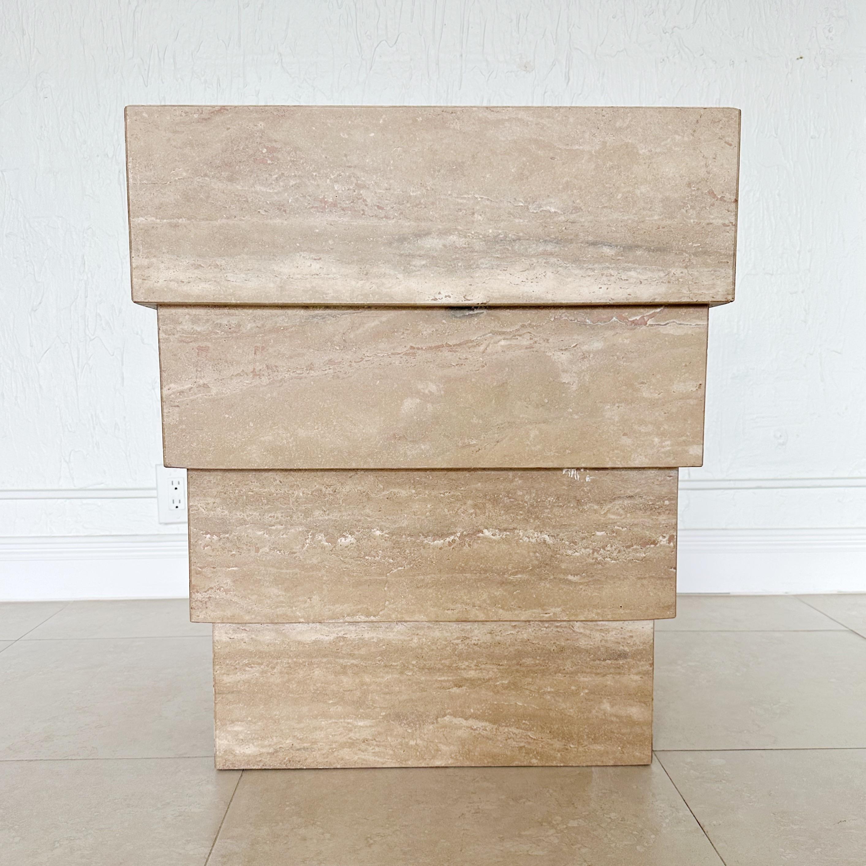 Honed travertine marble dining table base or could be used as a pedestal or console. Made from natural travertine in stepped, stacked form. Unsigned.