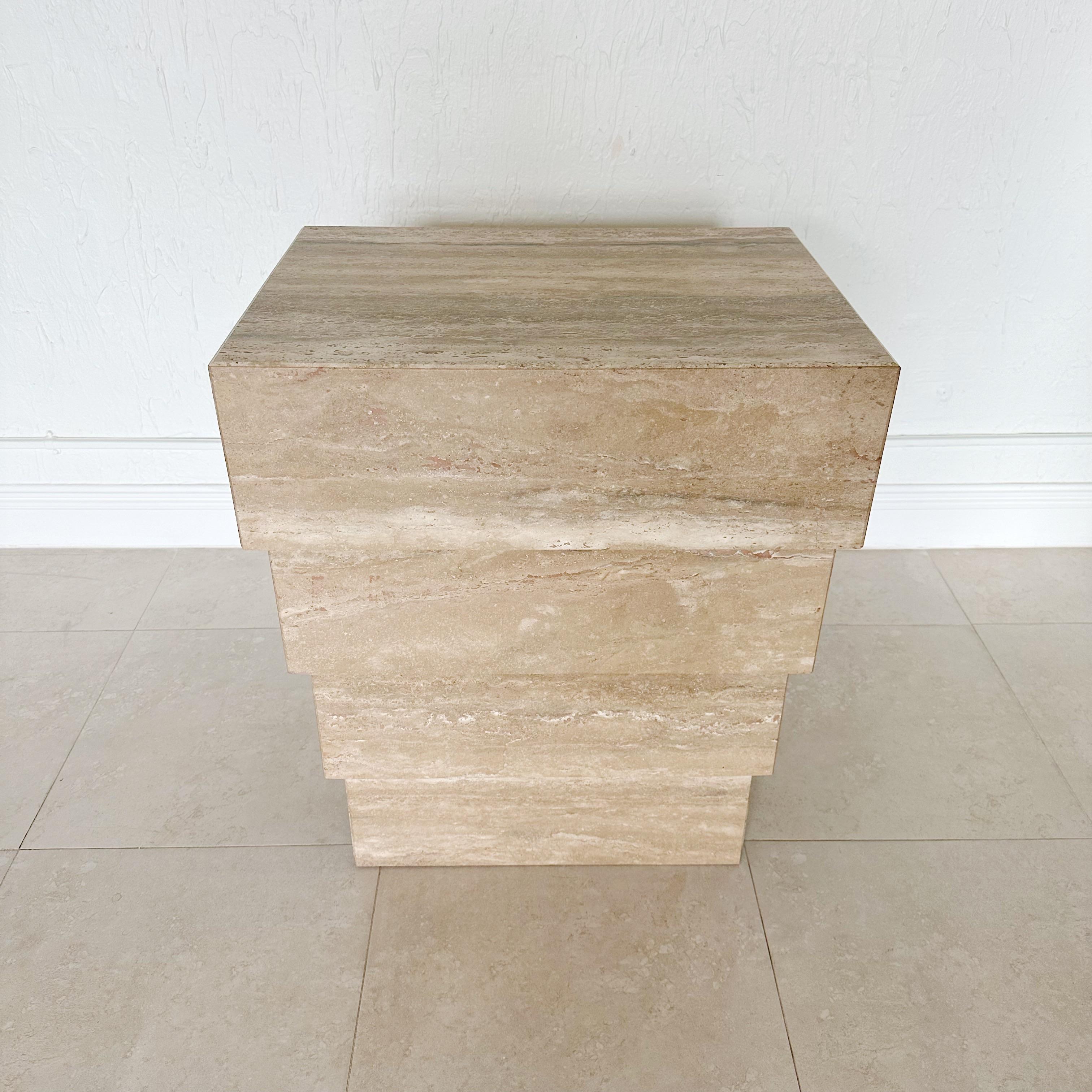 Mid-Century Modern Stepped Vintage Honed Italian Travertine Marble Pedestal Table Base