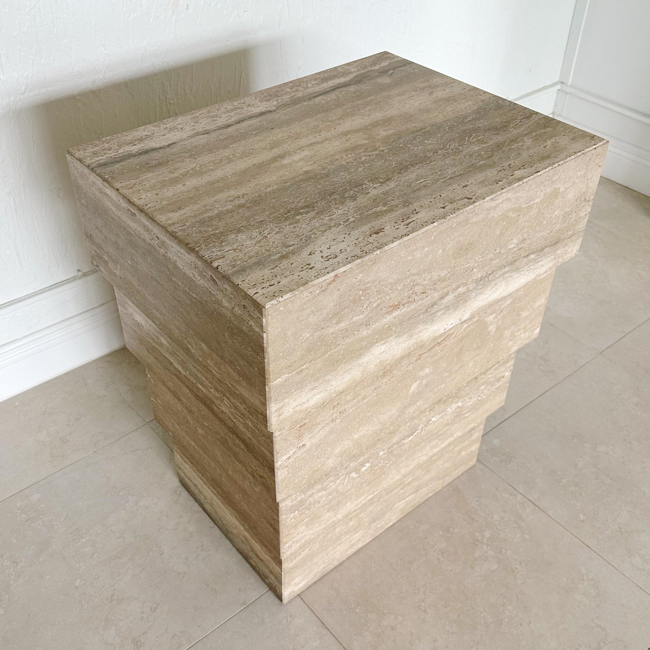 Hand-Crafted Stepped Vintage Honed Italian Travertine Marble Pedestal Table Base