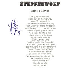Steppenwolf 'Born to Be Wild' lyrics autograph with Certificate of Authenticity