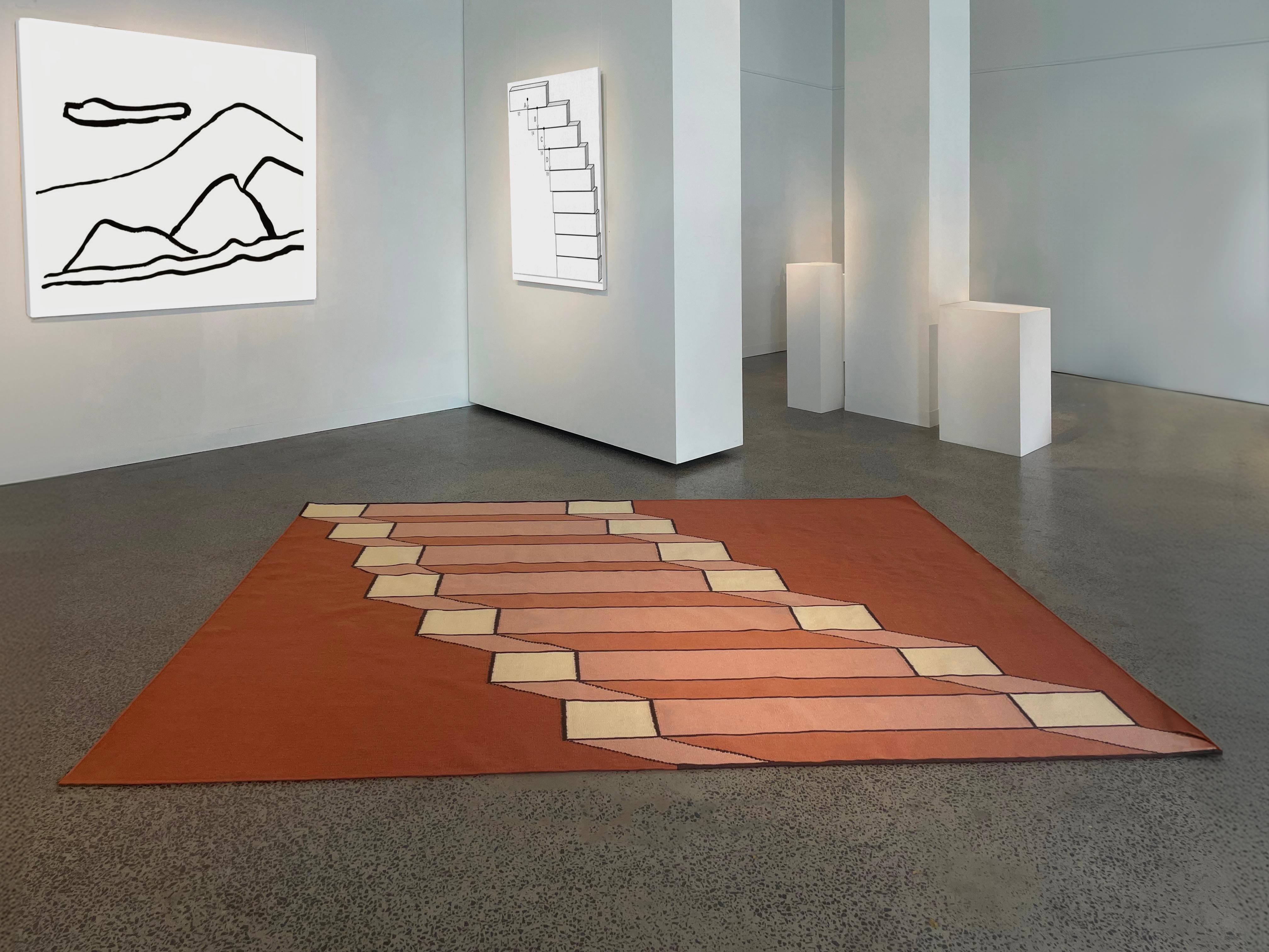 Steps Kilm is available in any size , any colour palette and as runners, with endless yarn colours to select from,  and of course in the rosy earthy colours shown. Contact us to discuss colour direction and quotes for any size.  Dimensions as shown