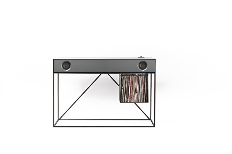 Stereo Console Table Black Cabinet With Oak Speaker Front With