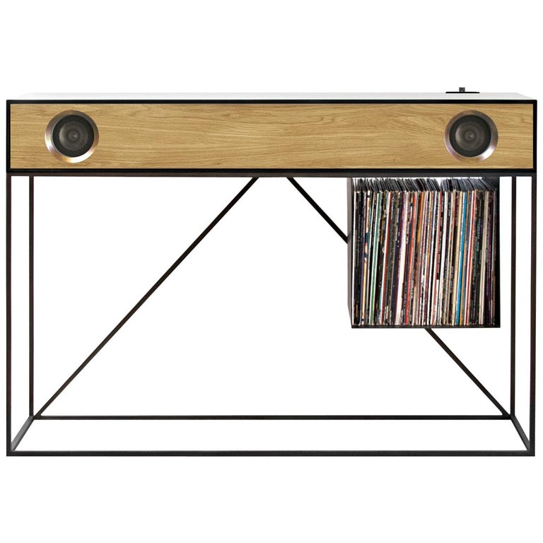 Stereo Console Table Black Cabinet With Oak Speaker Front With