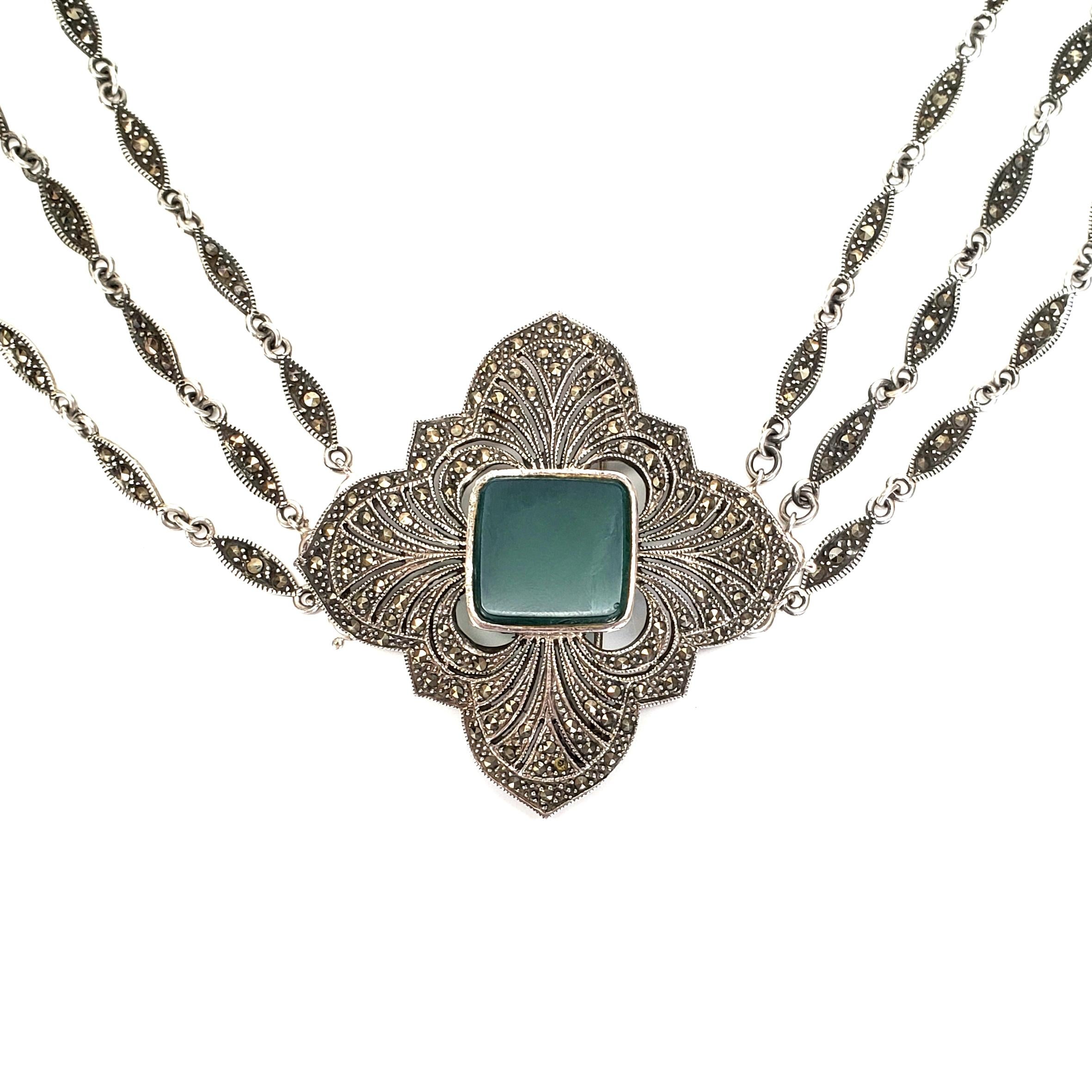 Sterl Silver Chrysoprase Marcasite 3 Strand Necklace with Pendant In Good Condition In Washington Depot, CT