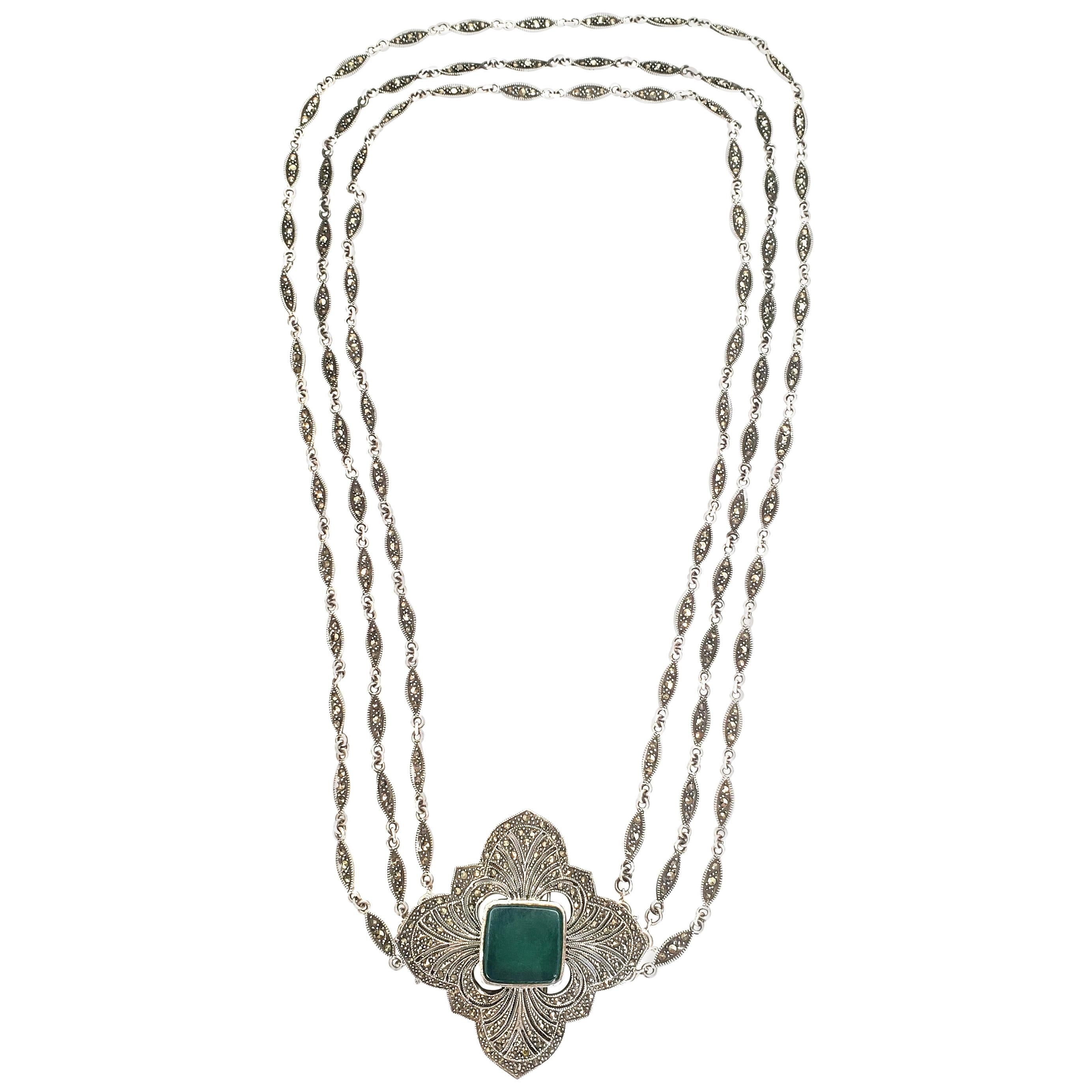 Sterl Silver Chrysoprase Marcasite 3 Strand Necklace with Pendant