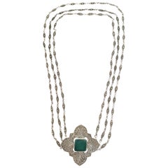 Vintage Sterl Silver Chrysoprase Marcasite 3 Strand Necklace with Pendant