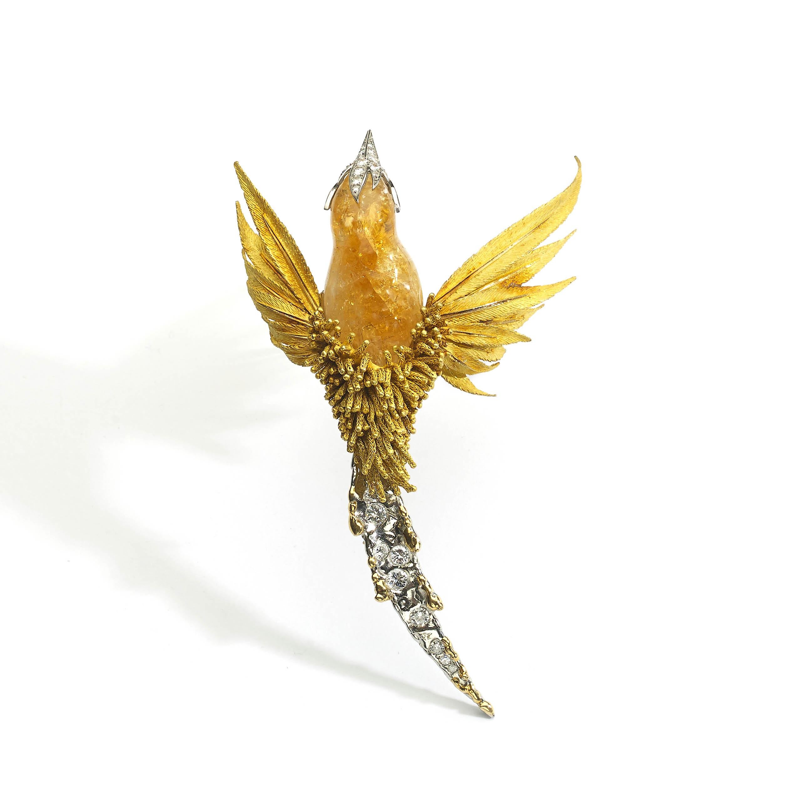 Women's or Men's Sterlé Gold Diamond and Gem Set Bird Brooch Circa 1965