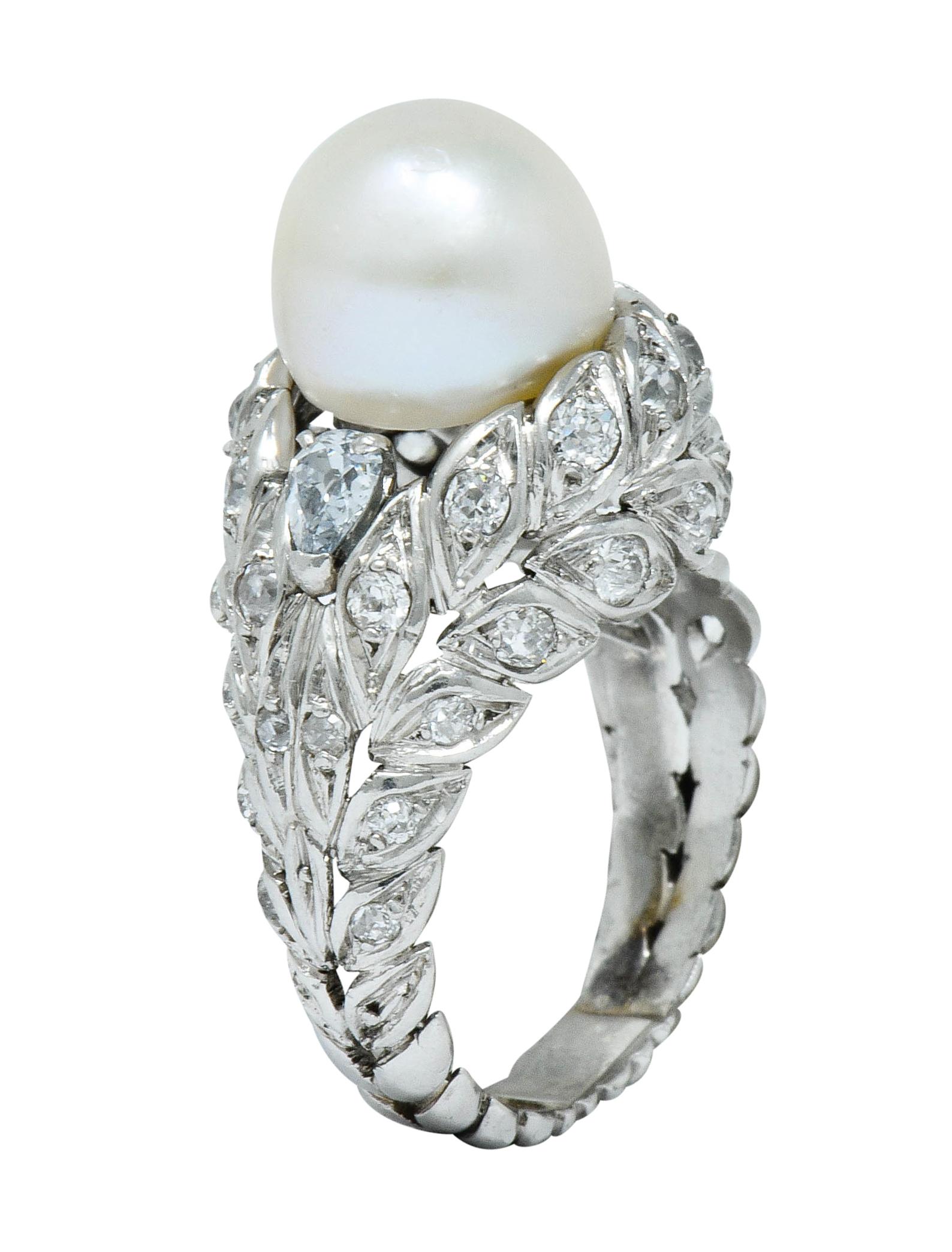 Sterlé Natural Pearl 1.80 Carat Blue and White Diamond Platinum French Ring 4