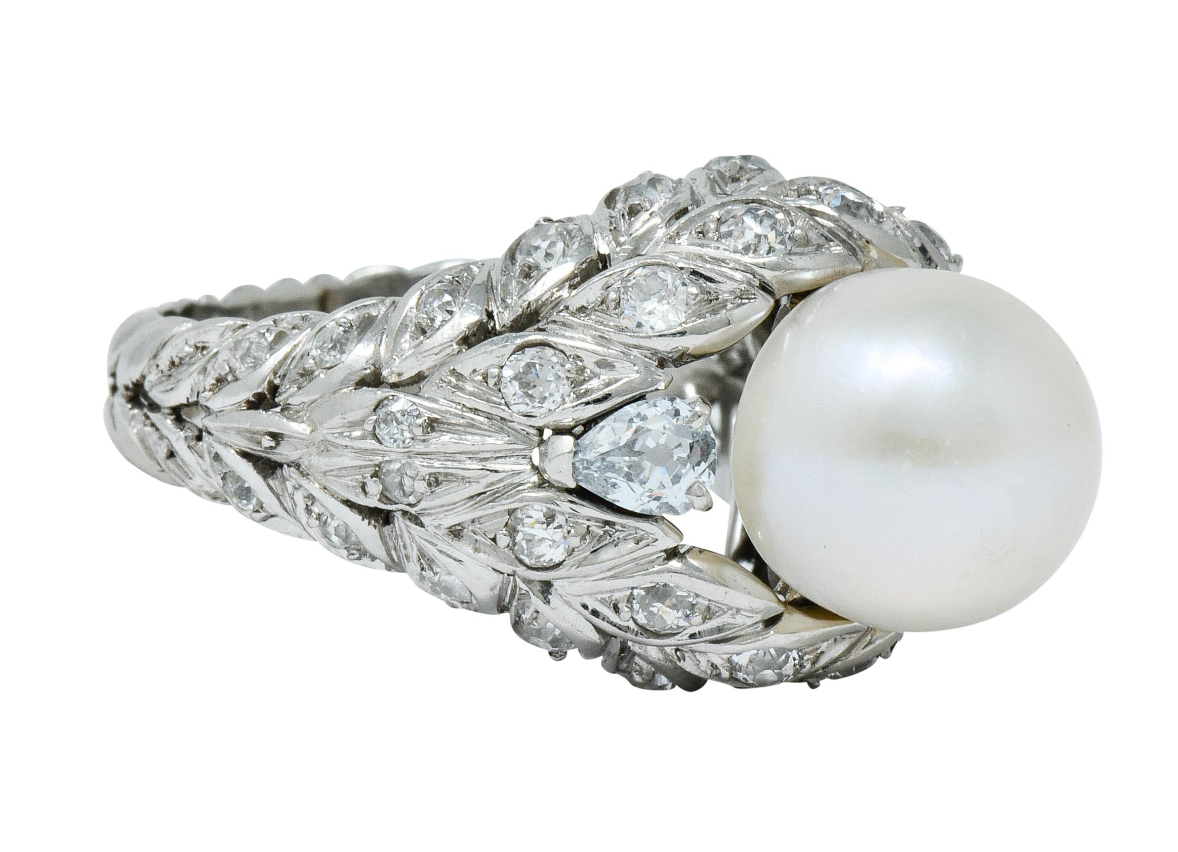 Retro Sterlé Natural Pearl 1.80 Carat Blue and White Diamond Platinum French Ring
