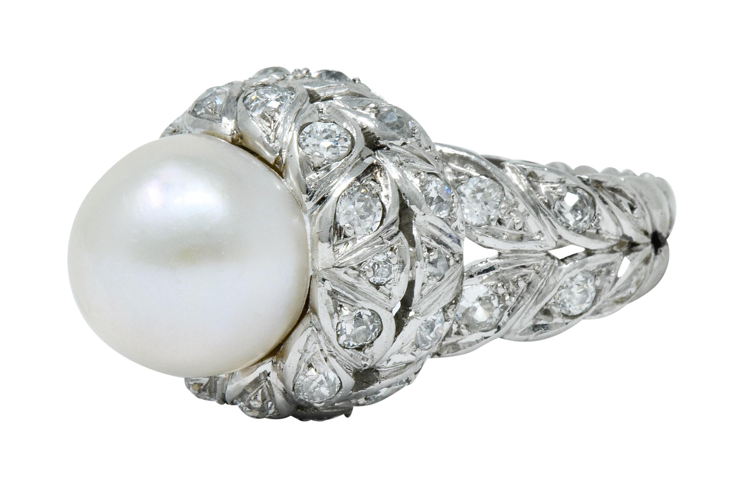 Sterlé Natural Pearl 1.80 Carat Blue and White Diamond Platinum French Ring 1