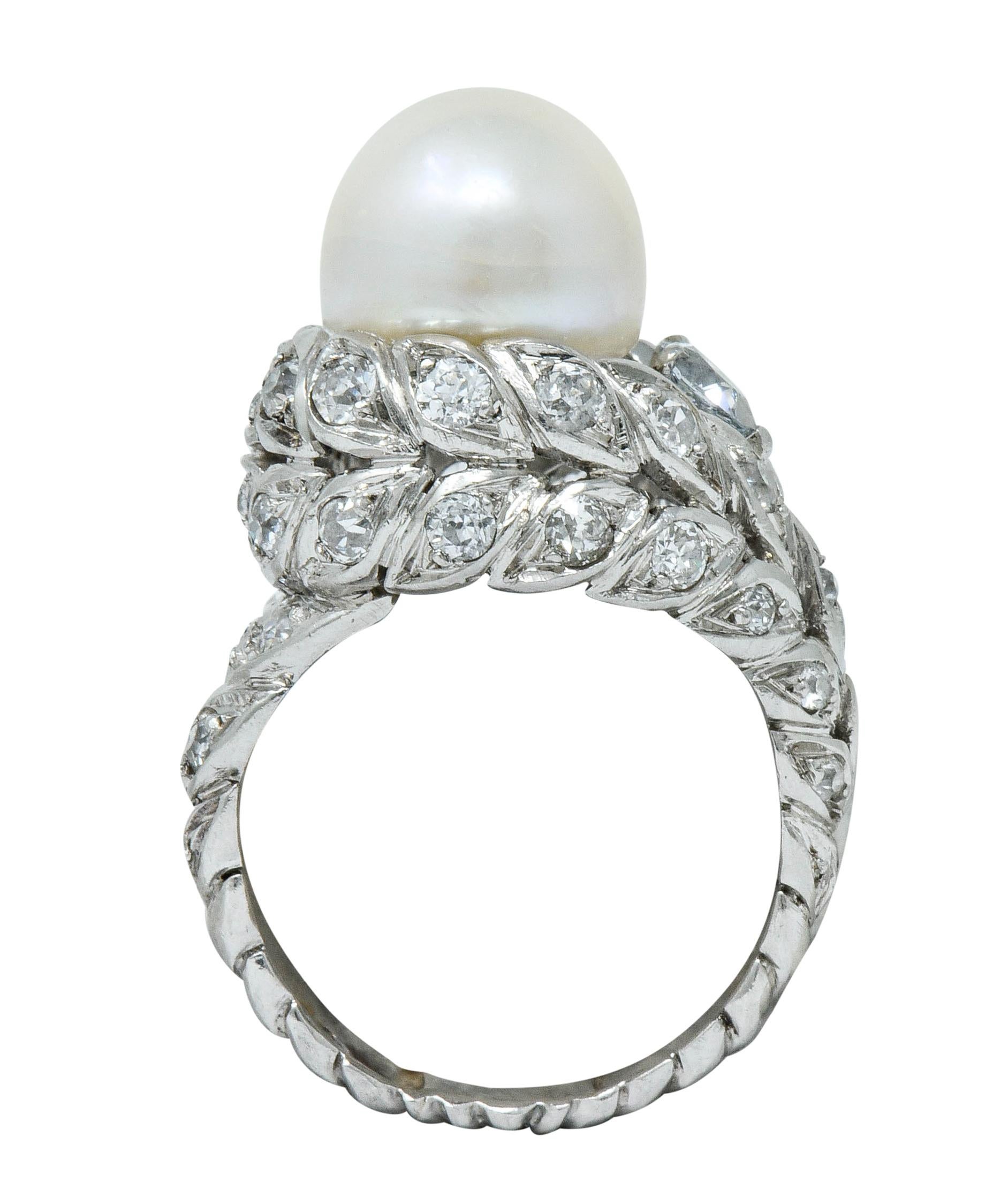 Sterlé Natural Pearl 1.80 Carat Blue and White Diamond Platinum French Ring 2