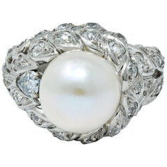 Sterlé Natural Pearl 1.80 Carat Blue and White Diamond Platinum French Ring