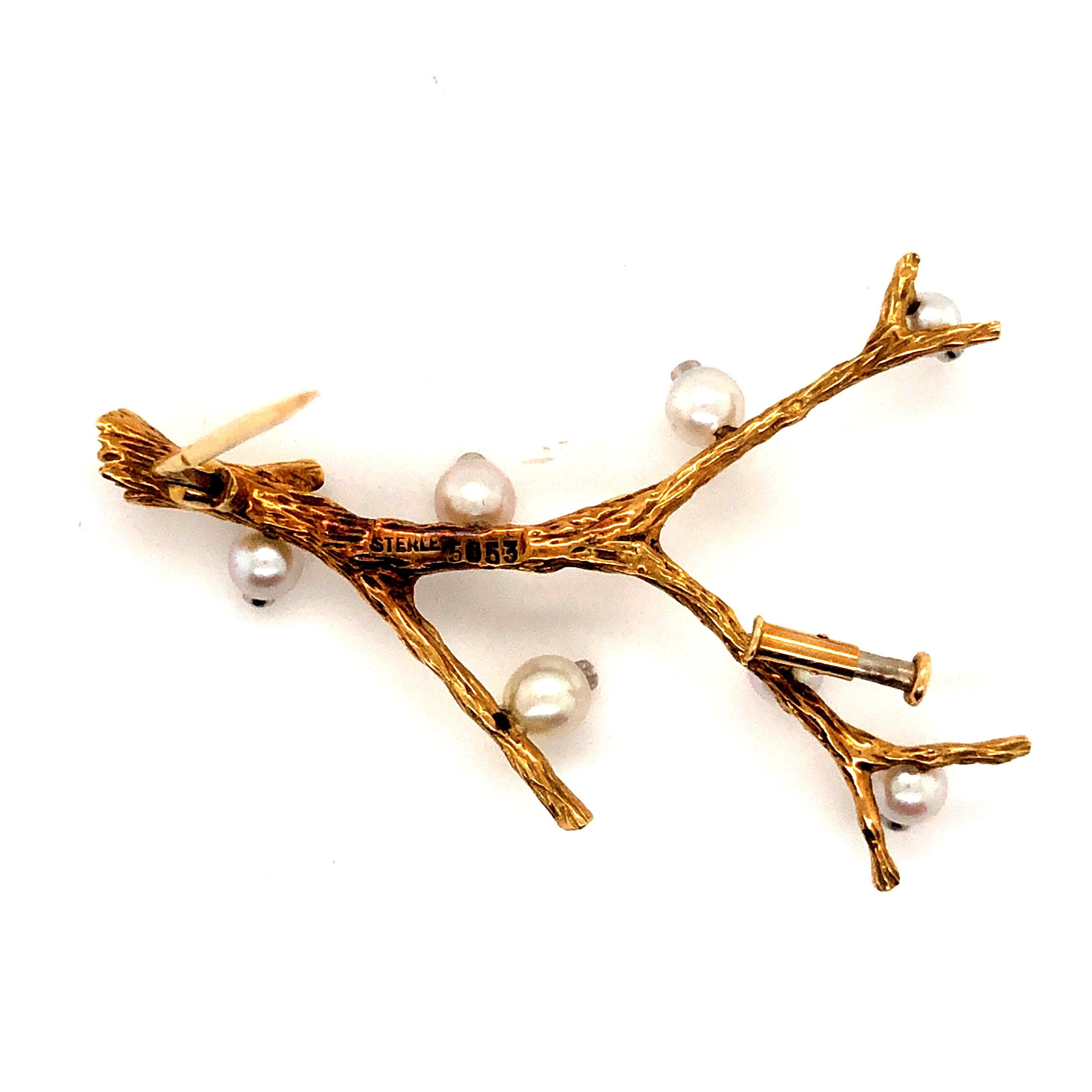 Round Cut Sterle Paris 18k Floral Branch Natural Pearl and Diamond Brooch
