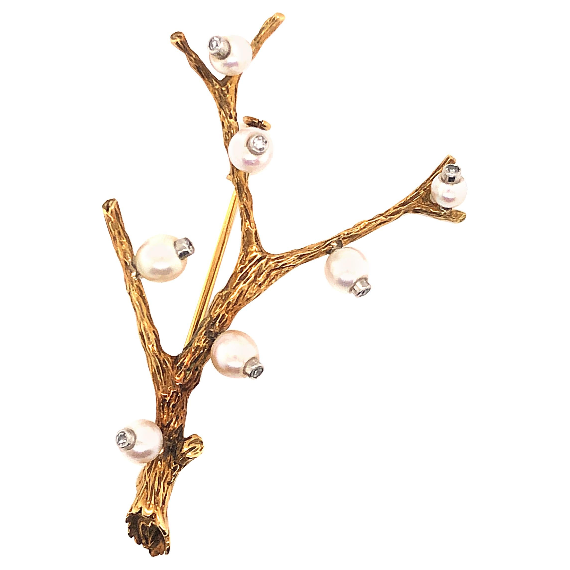 Sterle Paris 18k Floral Branch Natural Pearl and Diamond Brooch