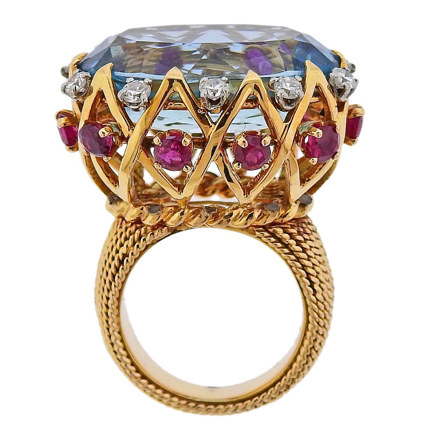 Sterle Paris 20 Carat Aquamarine Diamond Ruby Gold Ring