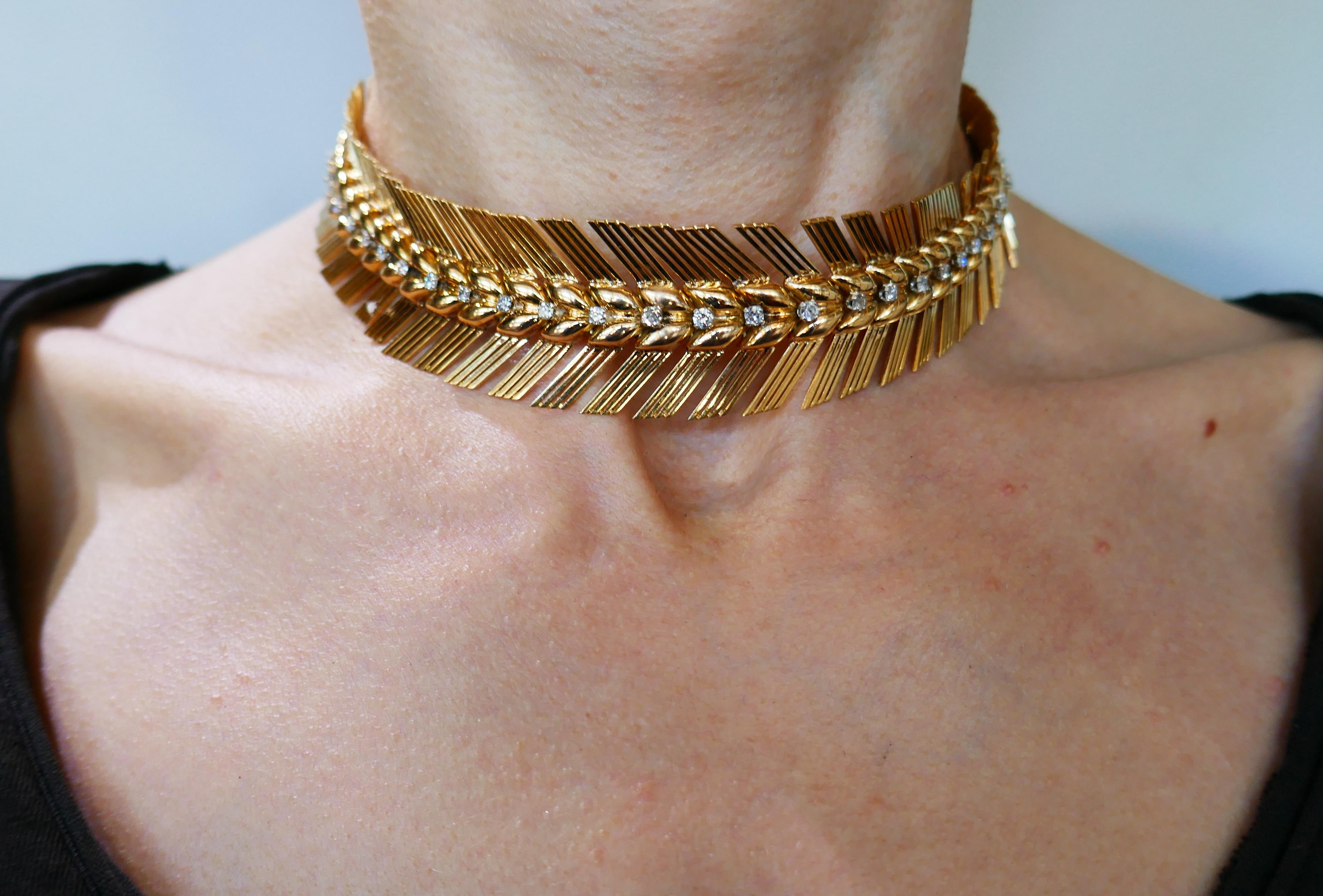 Vintage choker necklace created by Pierre Sterle in Paris in the 1940s.  French chic, feminine and wearable, the necklace is a great addition to your jewelry collection. 
The necklace is made of 18 karat yellow gold and set with thirty round