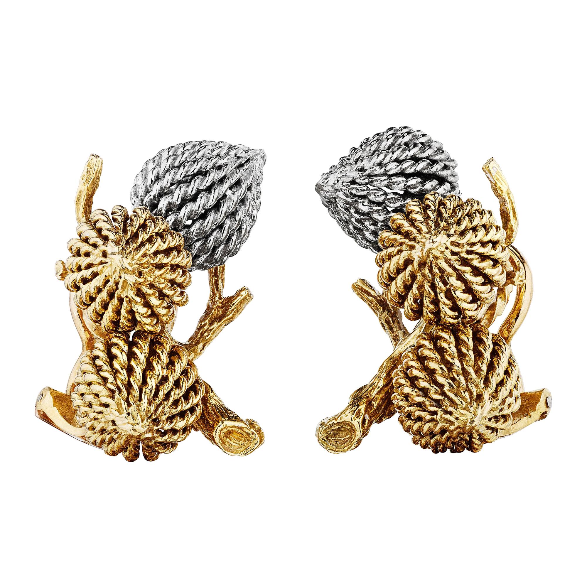Sterle Paris Mid-Century Yellow White Gold Acorn Clip Earrings