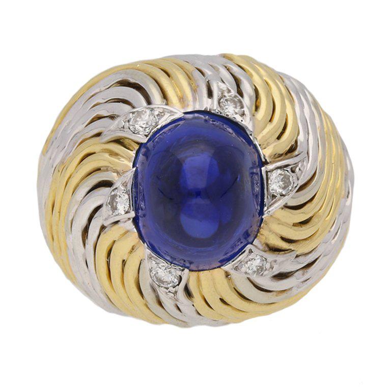 Bague en argent Sterlé Paris - saphir en cabochon naturel non rehaussé et diamant