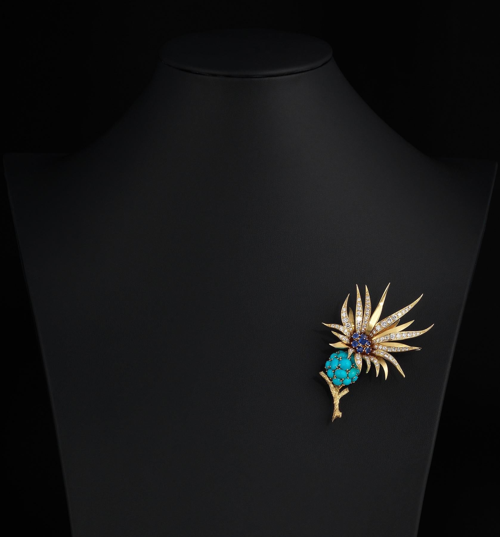 Sterle Paris Broche Flor Zafiro Diamante Turquesa, años 50 en Excelente estado para la venta en Dallas, TX