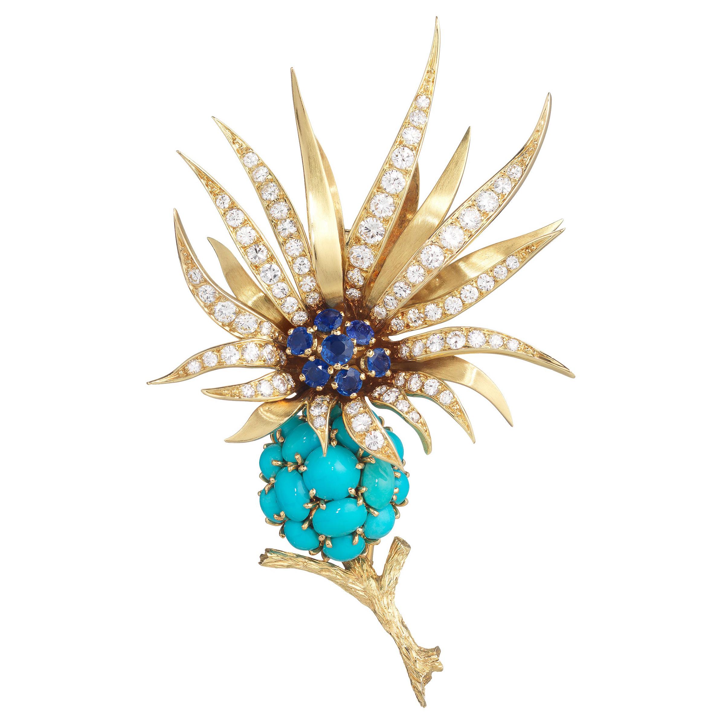 Sterle Paris Sapphire Diamond Turquoise Flower Brooch, 1950s For Sale
