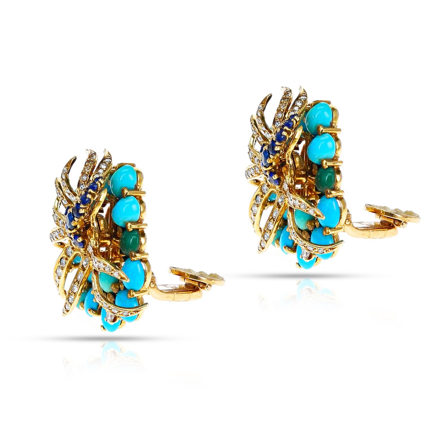 Round Cut Sterlé  Pierre Turquoise, Sapphire and Diamond Earring and Brooch Set, French For Sale