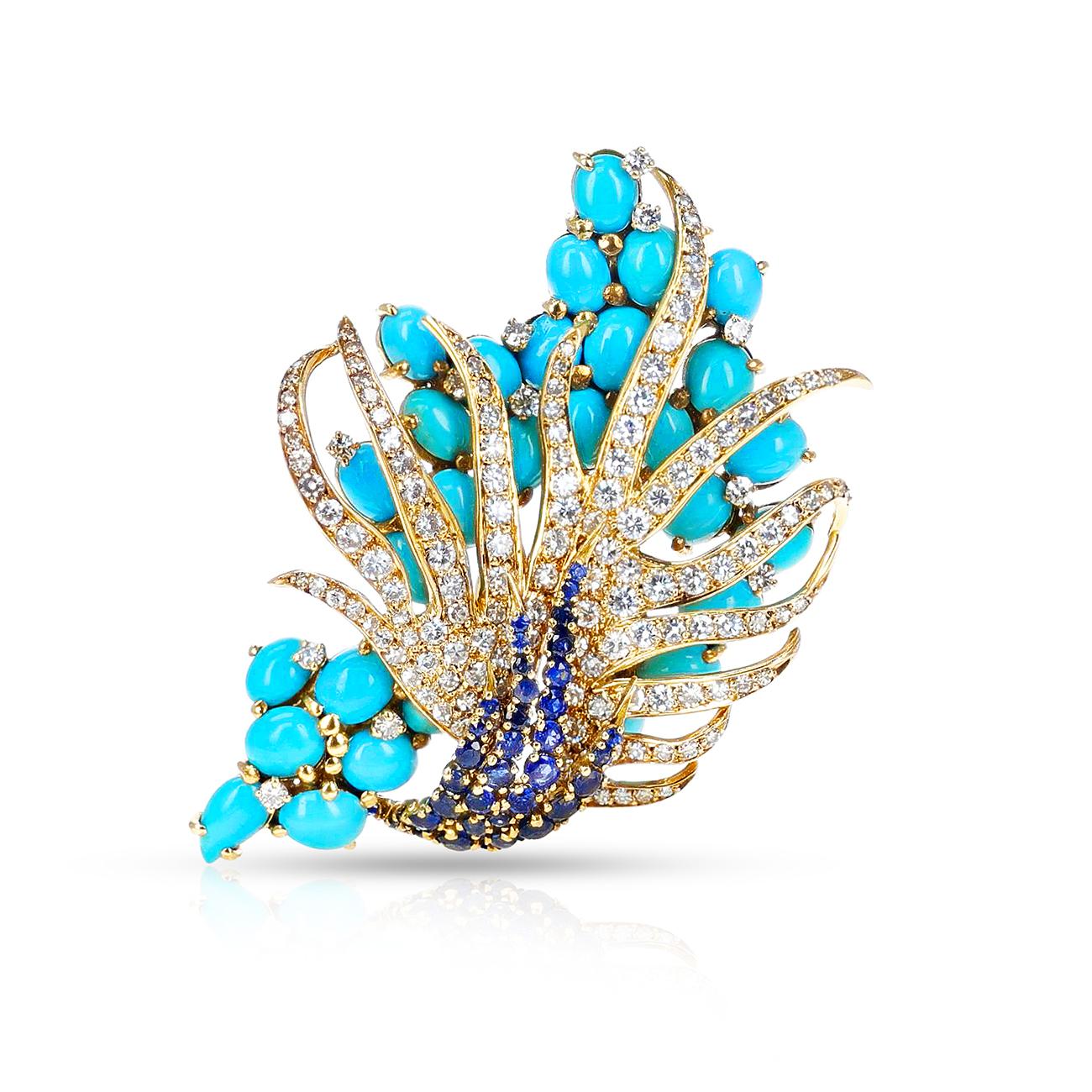 Sterlé  Pierre Turquoise, Sapphire and Diamond Earring and Brooch Set, French In Excellent Condition For Sale In New York, NY