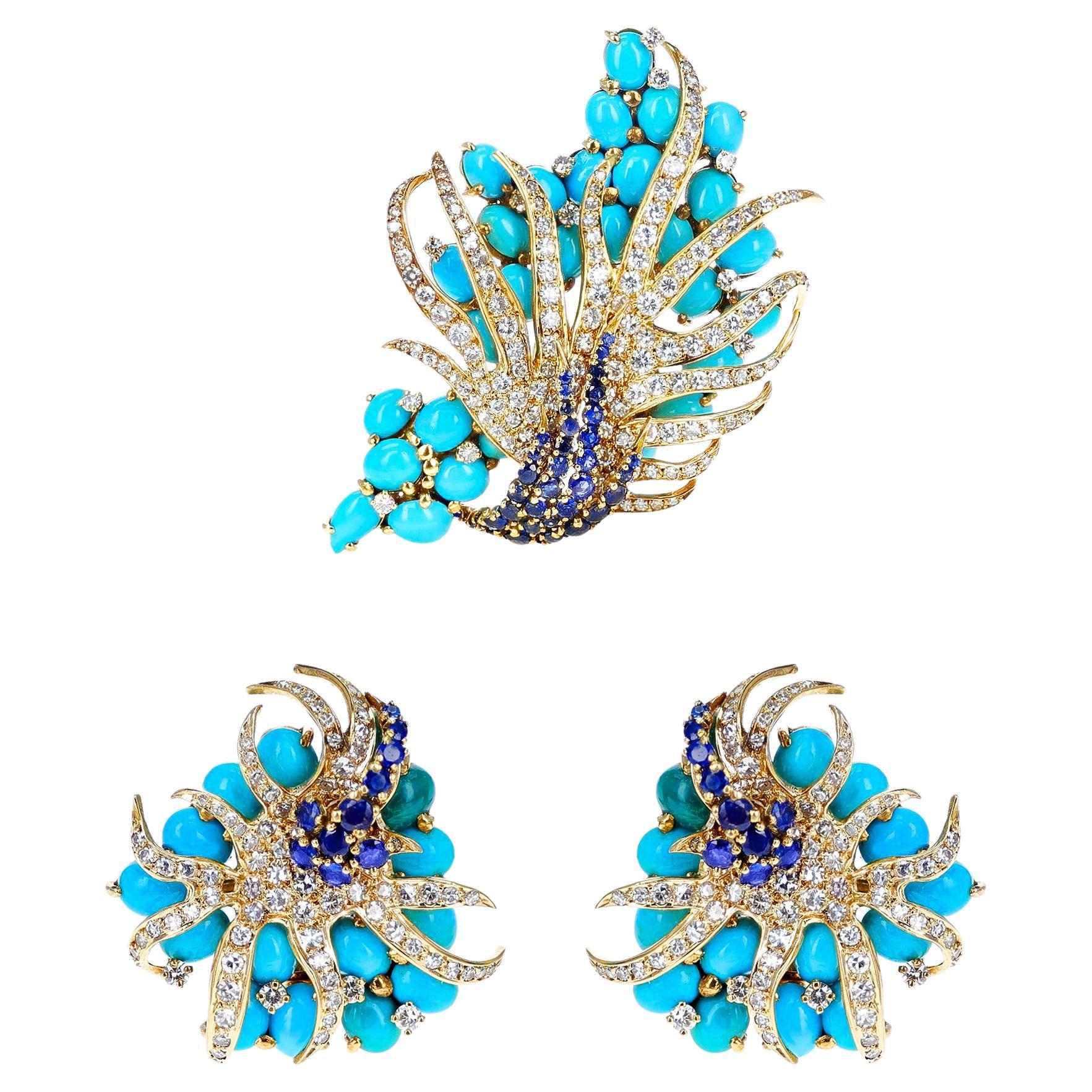 Sterlé  Pierre Turquoise, Sapphire and Diamond Earring and Brooch Set, French For Sale