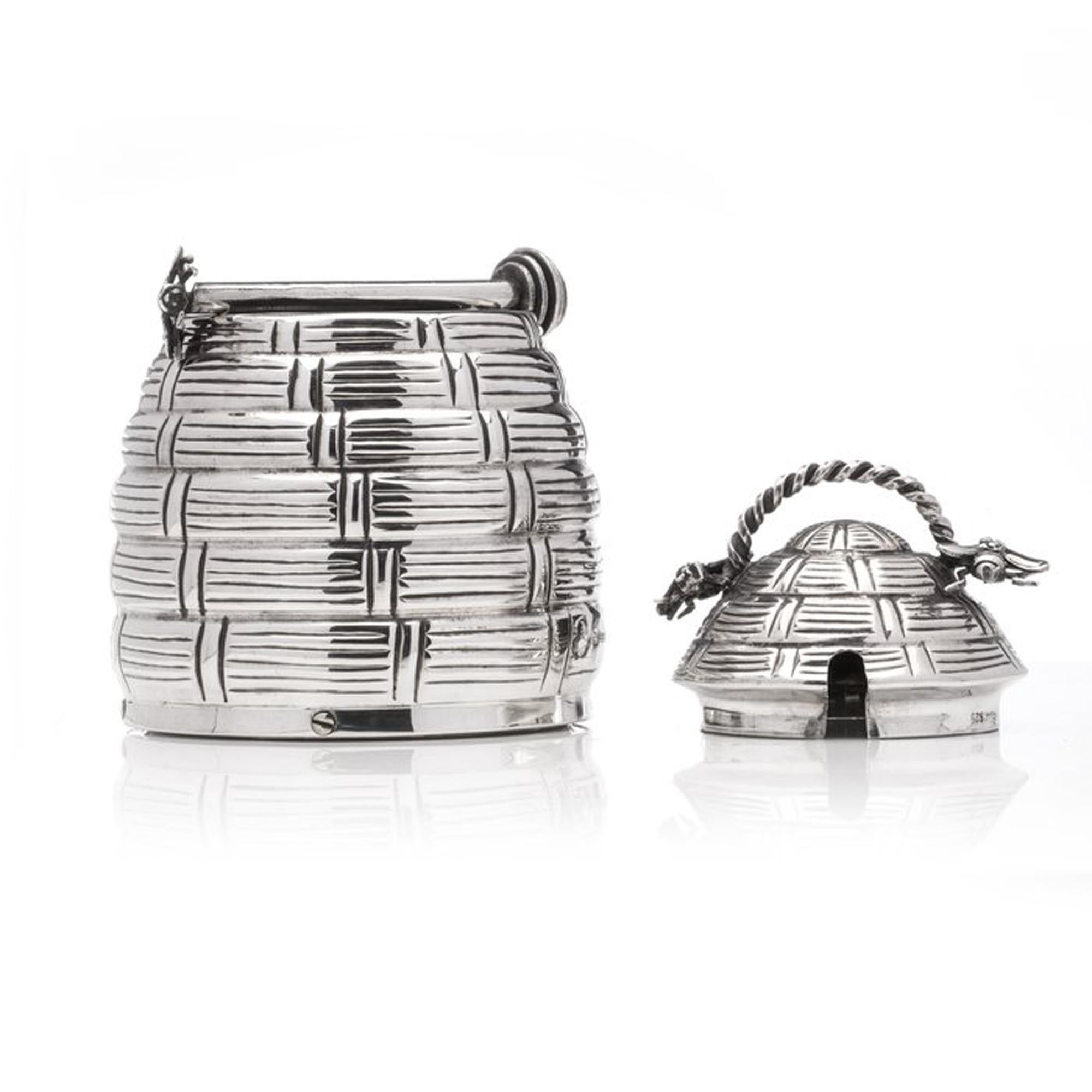 Contemporary Sterling 925 silver beehive honey pot with a spoon For Sale