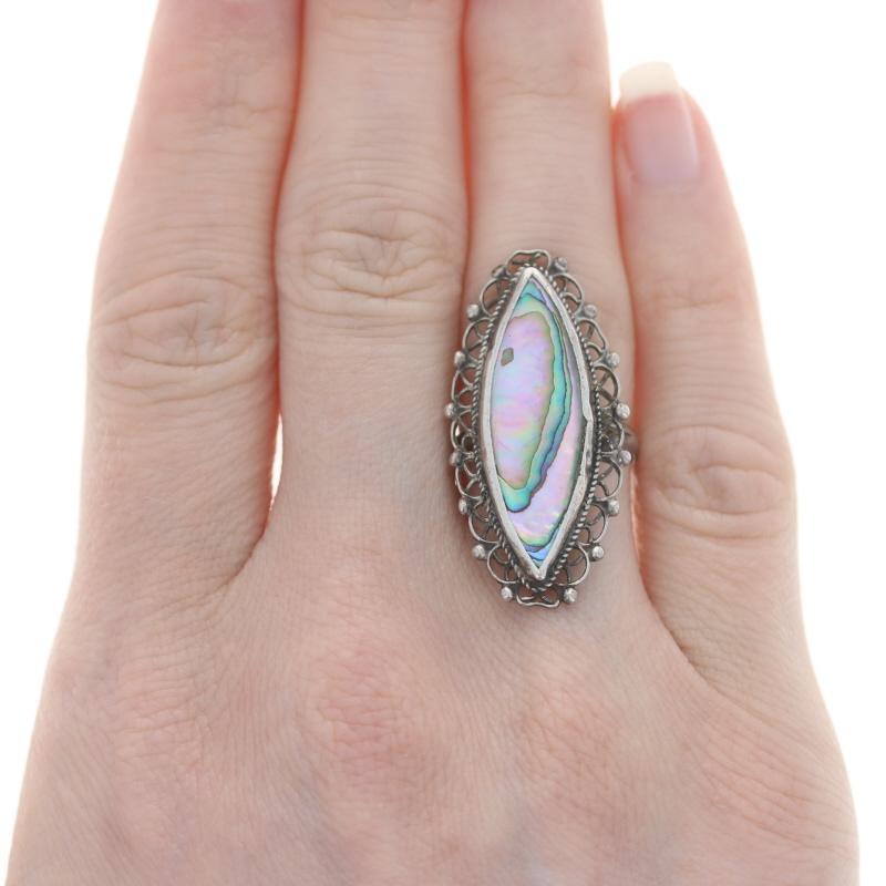 Sterling Abalone Cocktail Solitär Filigraner Spitzenring - 925 Mexiko Größe 6 1/4 im Zustand „Gut“ in Greensboro, NC