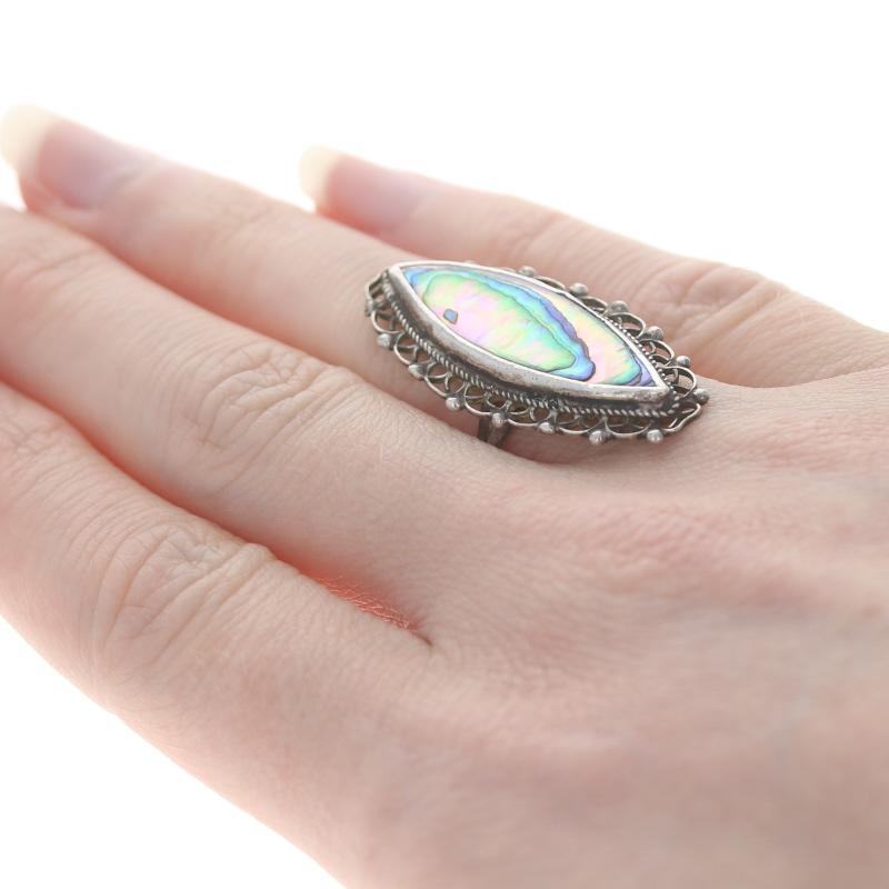 Women's Sterling Abalone Cocktail Solitaire Filigree Lace Ring - 925 Mexico Size 6 1/4 For Sale